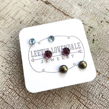 Load image into Gallery viewer, Tiny Bling &amp; Pearls Studs Set | Green Pearl Amethyst &amp; Ice Blue