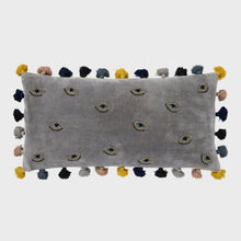 Load image into Gallery viewer, Embroidered evil eye pillow, grey cotton velvet