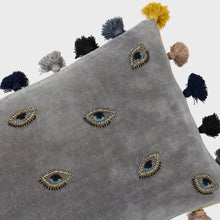 Load image into Gallery viewer, Embroidered evil eye pillow, grey cotton velvet