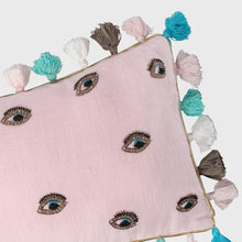 Load image into Gallery viewer, Embroidered evil eye embroidered pillow, pale pink linen