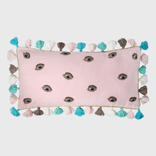 Load image into Gallery viewer, Embroidered evil eye embroidered pillow, pale pink linen