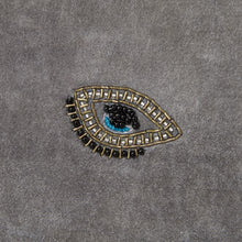 Load image into Gallery viewer, Embroidered evil eye pillow, grey cotton velvet