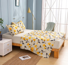 Load image into Gallery viewer, DaDa Bedding Yellow Fleur Golden Orange Floral Ivory Fitted &amp; Flat Bed Sheets Set (18112)