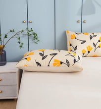 Load image into Gallery viewer, DaDa Bedding Yellow Fleur Golden Orange Floral Ivory Fitted &amp; Flat Bed Sheets Set (18112)