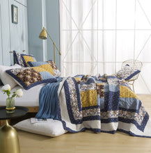 Load image into Gallery viewer, Tache Prairie Sunset White Blue Yellow Brown Floral Cotton Patchwork Quilt Set (JHW-887)