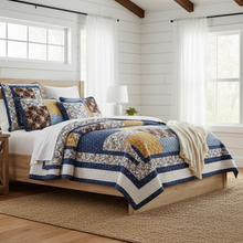 Load image into Gallery viewer, Tache Prairie Sunset White Blue Yellow Brown Floral Cotton Patchwork Quilt Set (JHW-887)