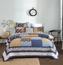 Load image into Gallery viewer, Tache Prairie Sunset White Blue Yellow Brown Floral Cotton Patchwork Quilt Set (JHW-887)