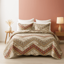 Load image into Gallery viewer, DaDa Bedding Rustic Bohemian Cranberry Sage Chevron Floral Bedspread Set (JHW-924)