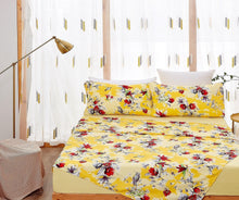 Load image into Gallery viewer, DaDa Bedding Sunshine Yellow Hummingbirds Floral Fitted &amp; Flat Bed Sheets Set (JHW-925)
