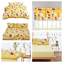 Load image into Gallery viewer, DaDa Bedding Sunshine Yellow Hummingbirds Floral Duvet Cover &amp; Fitted Flat Bed Sheets Set w/ Pillow Cases Window Valances (925)