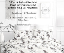Load image into Gallery viewer, DaDa Bedding Sunshine Yellow Hummingbirds Floral Duvet Cover &amp; Fitted Flat Bed Sheets Set w/ Pillow Cases Window Valances (925)