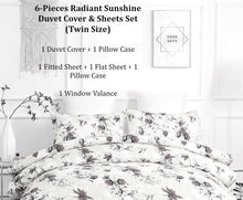 Load image into Gallery viewer, DaDa Bedding Sunshine Yellow Hummingbirds Floral Duvet Cover &amp; Fitted Flat Bed Sheets Set w/ Pillow Cases Window Valances (925)