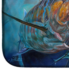 Load image into Gallery viewer, Running The Guantlet Blue Marlin Dish Drying Mat – Absorbent, Artistic Kitchen Essentials JMA2000DDM