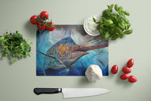 Load image into Gallery viewer, Running The Guantlet Blue Marlin Glass Cutting Boards – Durable, Decorative Kitchen Art Large JMA2000LCB