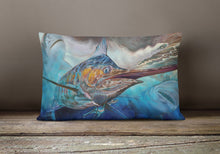 Load image into Gallery viewer, Running The Guantlet Blue Marlin Canvas Fabric Decorative Pillow JMA2000PW1216