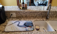 Load image into Gallery viewer, Blue Heron Frog hunting Dish Drying Mat – Absorbent, Artistic Kitchen Essentials JMK1017DDM