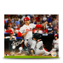 Load image into Gallery viewer, Jeff Hoffman Play at the Plate Philadelphia Phillies Autographed 11" x 14" Baseball Photo