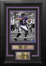 Load image into Gallery viewer, Joe Flacco Spotlight Action Baltimore Ravens 8x10 Framed Football Photo with Engraved Autograph