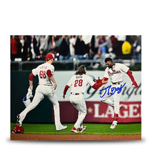 Load image into Gallery viewer, Johan Rojas 2023 Wild Card Clinch Philadelphia Phillies Autographed 8" x 10" Baseball Photo