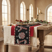 Load image into Gallery viewer, DaDa Bedding Peppermint Joy Red Black Holiday Tapestry Dining Table Runner (12904)