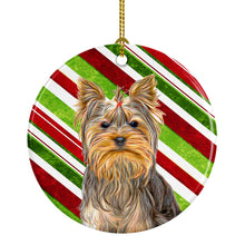 Load image into Gallery viewer, Candy Cane Holiday Christmas Yorkie / Yorkshire Terrier Ornament - Round Ceramic Ornament – Artist-Designed Keepsake Decoration KJ1170CO1