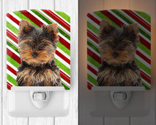 Load image into Gallery viewer, Candy Cane Holiday Christmas Yorkie Puppy / Yorkshire Terrier Ceramic Night Light KJ1174CNL