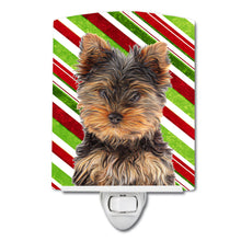 Load image into Gallery viewer, Candy Cane Holiday Christmas Yorkie Puppy / Yorkshire Terrier Ceramic Night Light KJ1174CNL