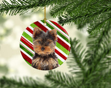 Load image into Gallery viewer, Candy Cane Holiday Christmas Yorkie Puppy / Yorkshire Terrier Ornament - Round Ceramic Ornament – Artist-Designed Keepsake Decoration KJ1174CO1