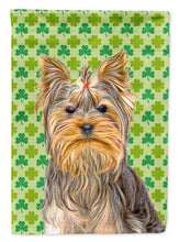 Load image into Gallery viewer, St. Patrick's Day Shamrock Yorkie / Yorkshire Terrier Flag Canvas House Size KJ1198CHF