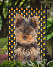 Load image into Gallery viewer, Candy Corn Halloween Yorkie Puppy / Yorkshire Terrier Garden Flag – Decorative Outdoor Yard Flag KJ1216GF