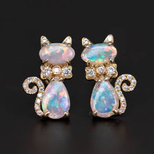 Load image into Gallery viewer, Kitten Cat Australian Opal Diamond Stud Earrings 14K Gold