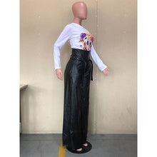 Load image into Gallery viewer, L-2X Faux Leather High Waisted Wide Leg Belted Solid Color Zipper Pants Trousers in Black