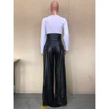 Load image into Gallery viewer, L-2X Faux Leather High Waisted Wide Leg Belted Solid Color Zipper Pants Trousers in Black