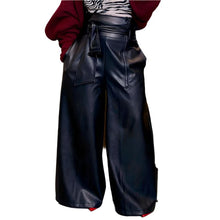 Load image into Gallery viewer, L-2X Faux Leather High Waisted Wide Leg Belted Solid Color Zipper Pants Trousers in Black