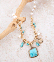 Load image into Gallery viewer, Blue Turquoise and White Pearl Multi Pendant Golden Necklace