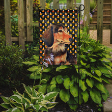 Load image into Gallery viewer, Dachshund Candy Corn Halloween Portrait Garden Flag – Decorative Outdoor Yard Flag