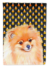 Load image into Gallery viewer, Pomeranian Candy Corn Halloween Portrait Garden Flag – Decorative Outdoor Yard Flag