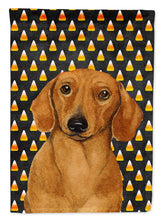 Load image into Gallery viewer, Dachshund Candy Corn Halloween Portrait Garden Flag – Decorative Outdoor Yard Flag