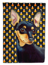 Load image into Gallery viewer, Min Pin Candy Corn Halloween Portrait Garden Flag – Decorative Outdoor Yard Flag