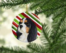 Load image into Gallery viewer, Cavalier Spaniel Candy Cane Holiday Christmas Ornament - Round Ceramic Ornament – Artist-Designed Keepsake Decoration LH9234