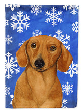 Load image into Gallery viewer, Dachshund Winter Snowflakes Holiday Garden Flag – Decorative Outdoor Yard Flag