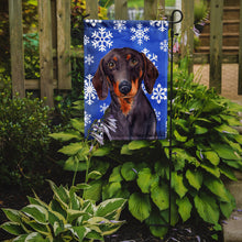 Load image into Gallery viewer, Dachshund Winter Snowflakes Holiday Garden Flag – Decorative Outdoor Yard Flag
