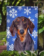 Load image into Gallery viewer, Dachshund Winter Snowflakes Holiday Garden Flag – Decorative Outdoor Yard Flag