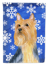 Load image into Gallery viewer, Silky Terrier Winter Snowflakes Holiday Flag Canvas House Size
