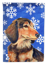 Load image into Gallery viewer, Dachshund Winter Snowflakes Holiday Flag Canvas House Size