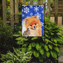 Load image into Gallery viewer, Pomeranian Winter Snowflakes Holiday Garden Flag – Decorative Outdoor Yard Flag