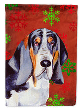 Load image into Gallery viewer, Basset Hound Red and Green Snowflakes Holiday Christmas Garden Flag – Decorative Outdoor Yard Flag