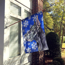 Load image into Gallery viewer, Black Great Dane Winter Snowflakes Holiday Flag Canvas House Size LH9585CHF