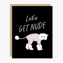 Load image into Gallery viewer, Let's Get Nude Black Greeting Card Featuring a Shaved Cat Motif