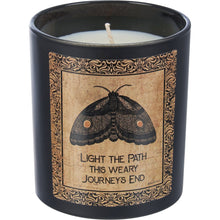Load image into Gallery viewer, Light The Path Journey&#39;s End Jar Candle | Moth in Frosted Black Glass | 35hrs Burn Time
